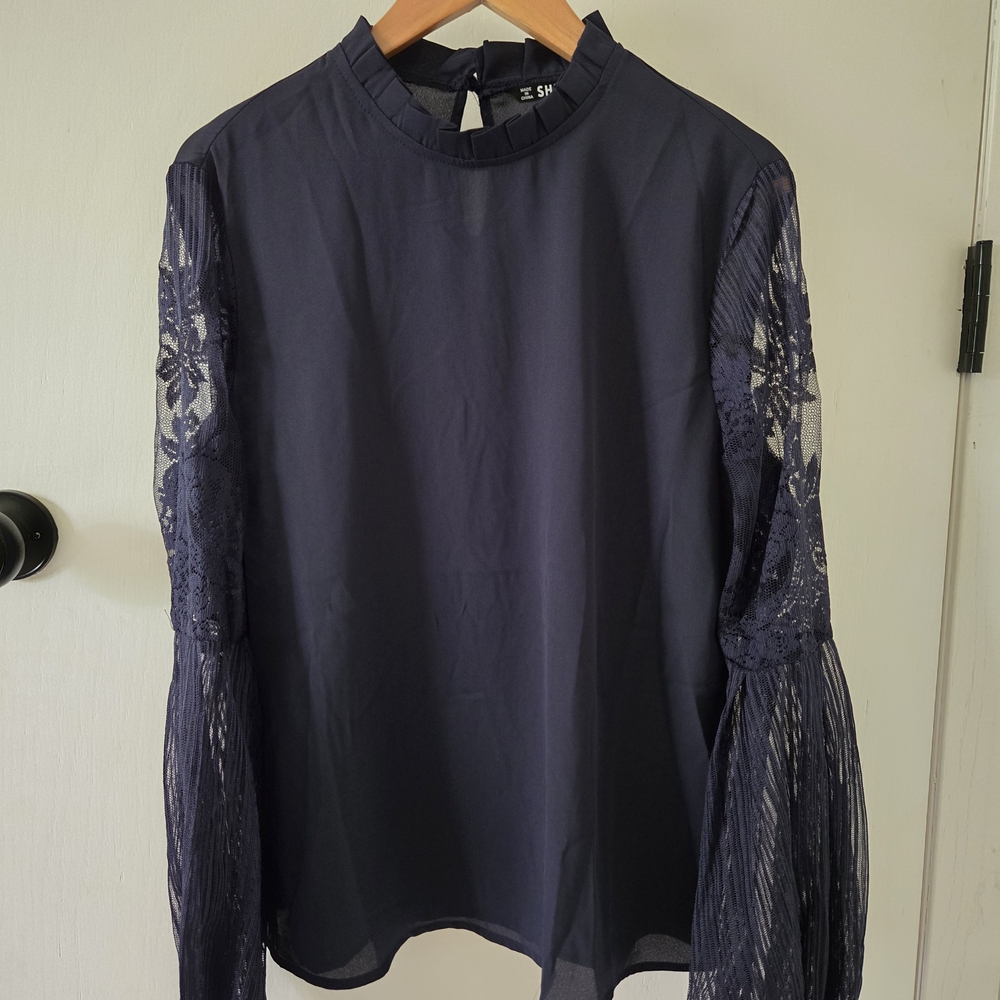 SHEIN Blue Boxy Embellished Blouse with Mandarin Collar